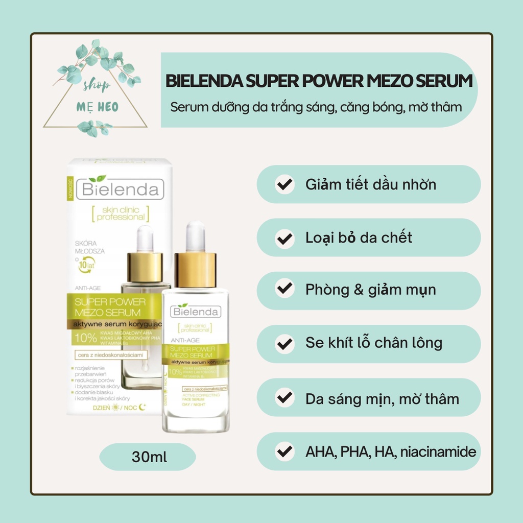 [ĐỦ BILL] Serum Bielenda Super Power Mezo Skin Clinic Correcting dưỡng da trắng sáng, căng bóng, mờ thâm 30ml