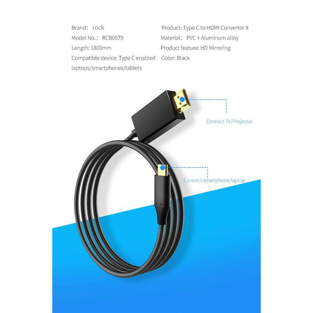 DÂY CHUYỂN TYPE C RA TIVI HDMI CHO ĐIỆN THOẠI VÀ MÁY TÍNH HÃNG ROCK DÀI 1M8
