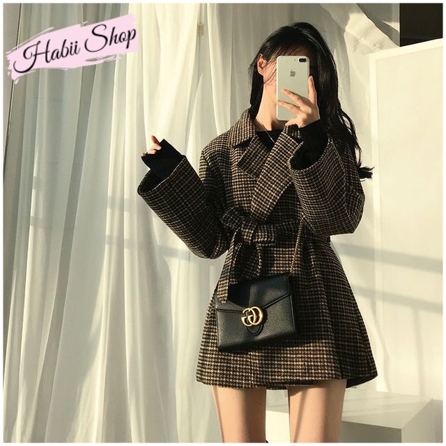 Áo khoác dạ nữ Hàn Quốc dáng ngắn - Áo dạ kẻ caro nữ HABII AD02 | BigBuy360 - bigbuy360.vn