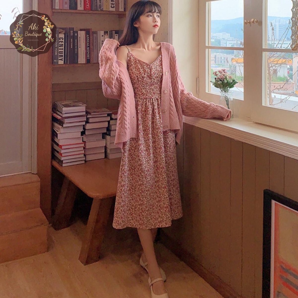 Váy hoa nhí nữ xoè hai dây ngọt ngào/ Đầm hồng hai dây chất nhung tăm phong cách Hàn Quốc
