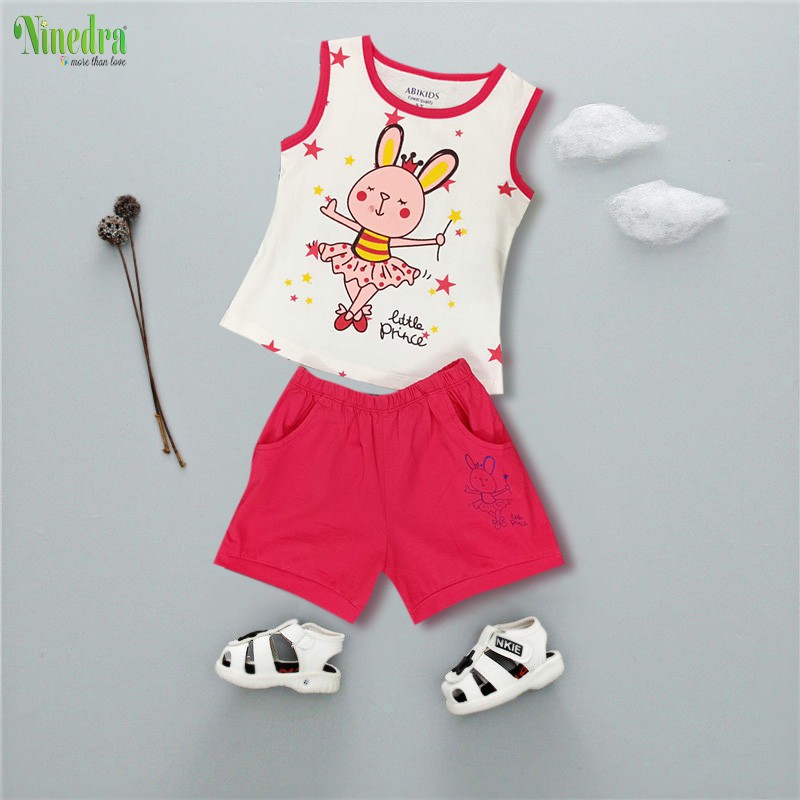 Đồ bộ bé gái thun cotton hình chú thỏ đáng yêu size từ 10-22kg - Ninedra