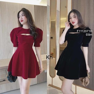 Đầm xòe nhung cổ tròn khoét ngực tay phồng có cúp!