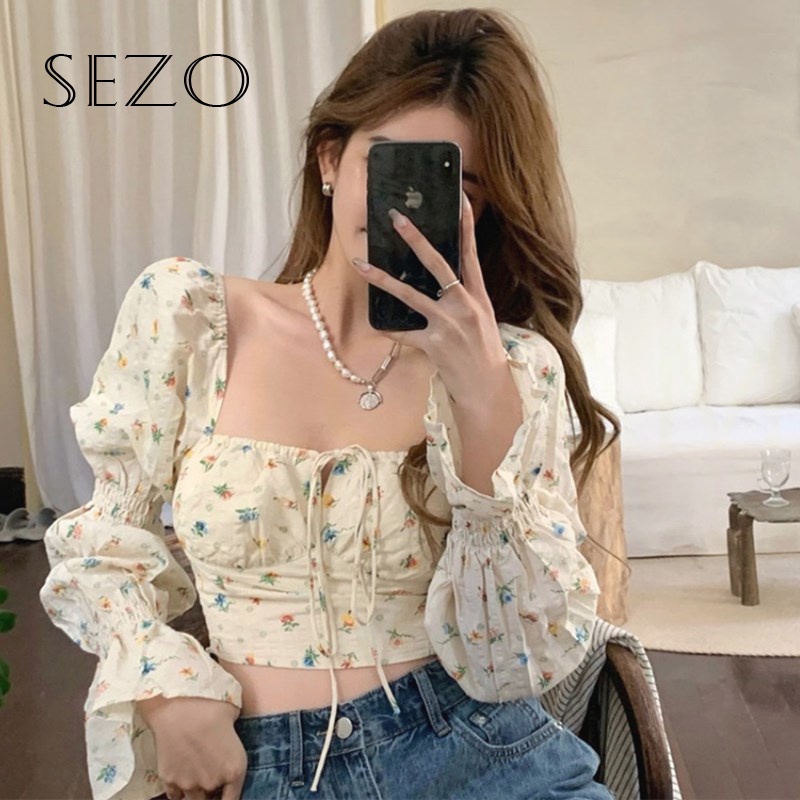 QKOOLE  Áo kiểu tay dài cổ vuông in họa tiết hoa nhún bèo phong cách Hàn Quốc quyến rũ thời trang dành cho nữ