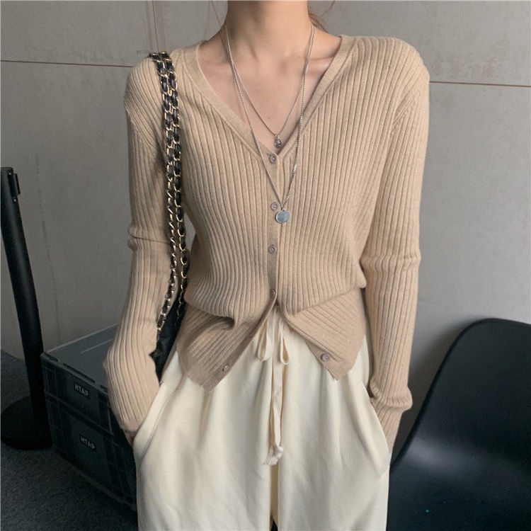 Áo sweater Dệt Kim Mỏng Cổ V Tay Dài Thời Trang Xuân Thu Cho Nữ