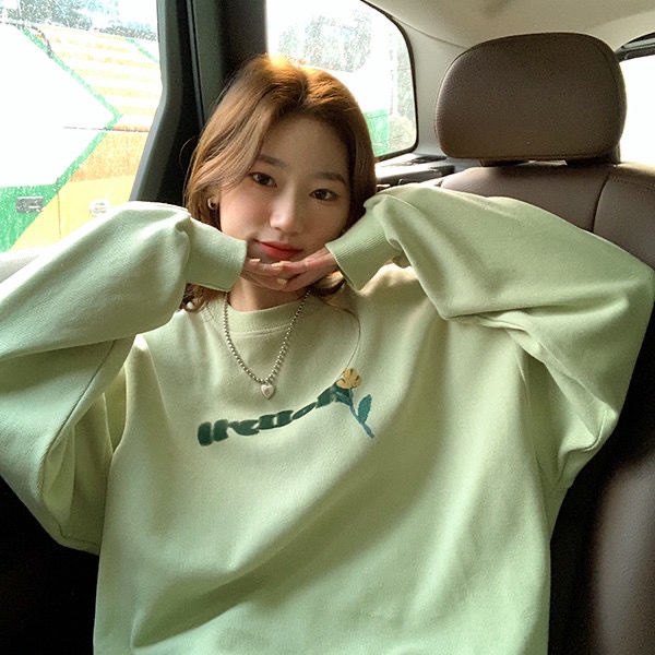Áo Sweater Dáng Rộng In Họa Tiết Hoa Và Chữ Phong Cách Hàn Quốc Mới Cho Nữ