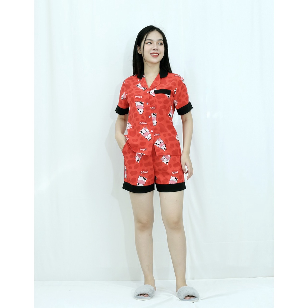 [HÌNH THẬT 100%]  Bộ đồ bộ ngắn MÀU ĐỎ CON THÚ CỰC XINH  - vải siêu lụa  - Cực Kì Sang Chảnh