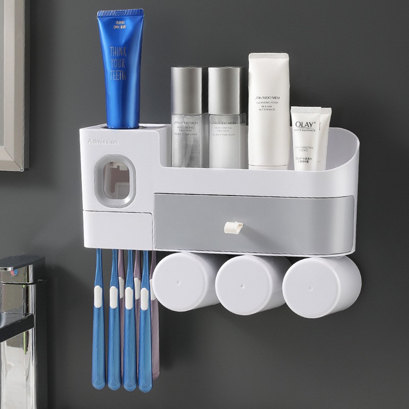 Bộ nhã kem đánh răng tự động và kệ để dụng cụ phòng tắm với tủ 2 ngăn tiện lợi