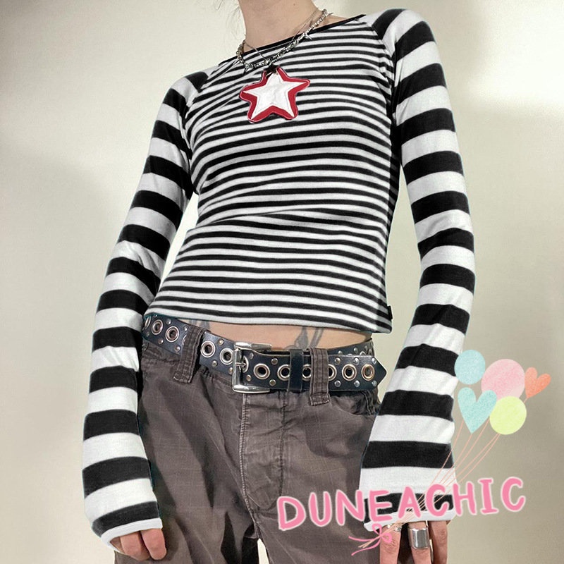 DUNEA Áo Croptop Tay Dài Kẻ Sọc In Hình Ngôi Sao Thời Trang Cho Nữ