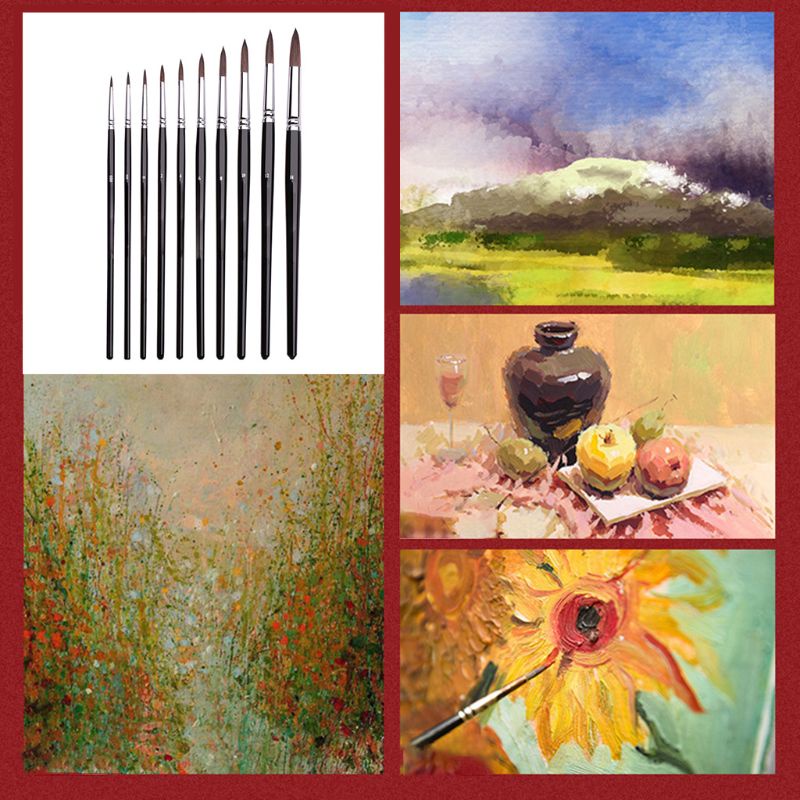 Bộ 10 Cọ Vẽ Tranh Sơn Dầu Đầu Tròn Bằng Acrylic Màu Đen