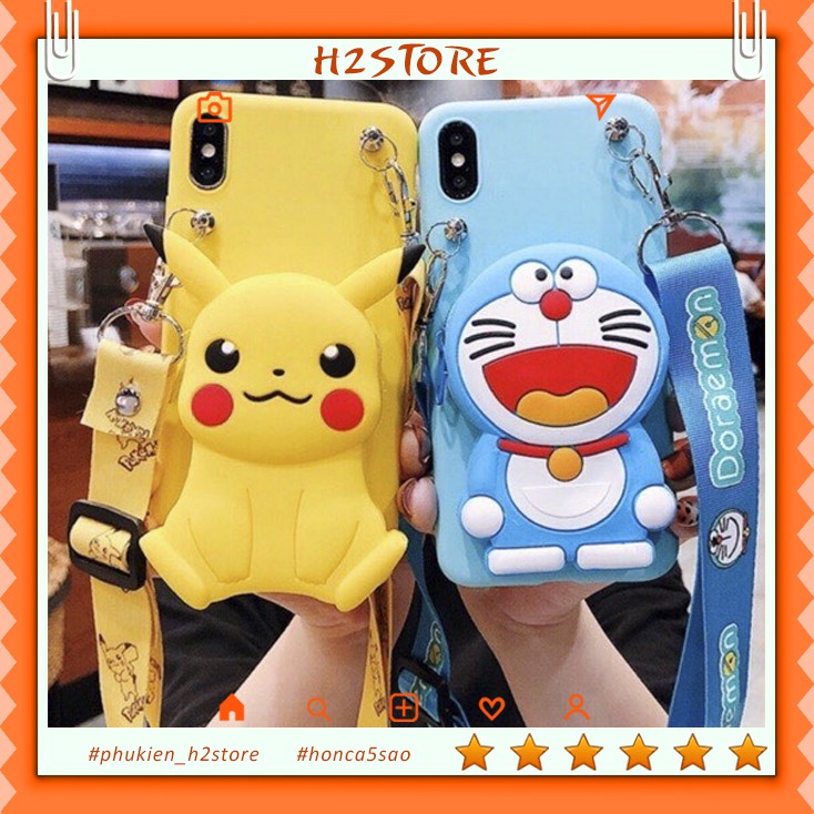 Ốp lưng iphone ON03H có dây đeo dạng ví đựng hình Pikachu và Doraemon 3D