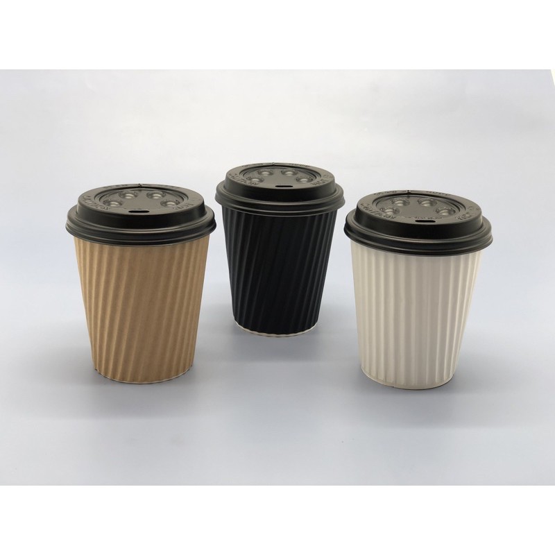 Set 40 cái size 12oz _ Ly giấy 2 lớp lượn sóng màu dùng cho đồ uống nóng và nắp button màu đen.