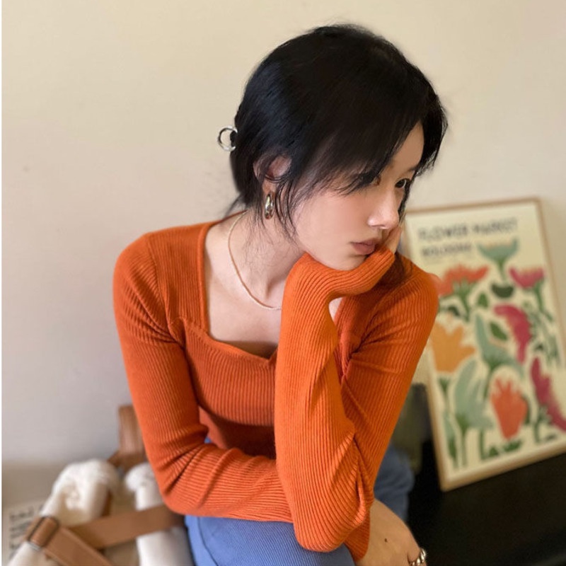 Áo dệt kim cổ vuông phối ren phong cách Hàn Quốc ngọt ngào mới