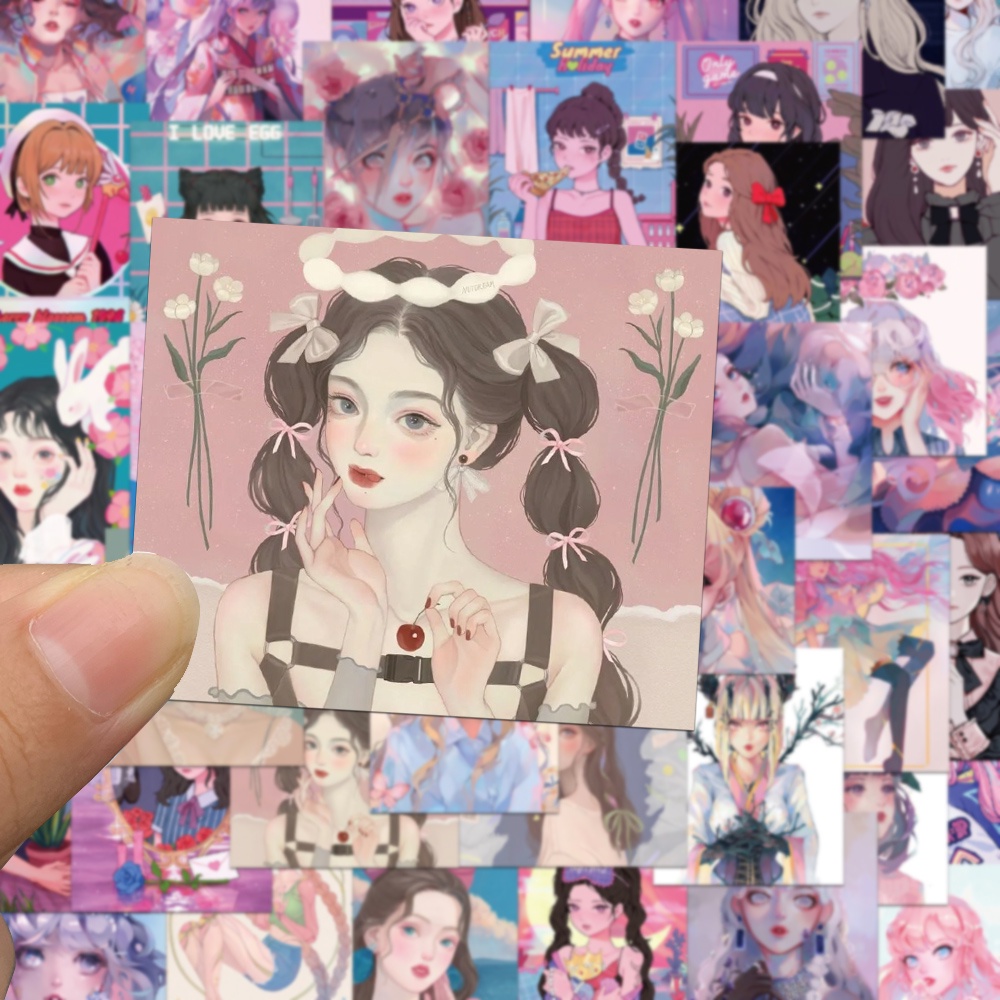 Bộ 50 Miếng Dán Trang Trí Sổ Tay/Va Li Chống Thấm Nước In Hình Cô Gái Và Trái Tim Dễ Thương