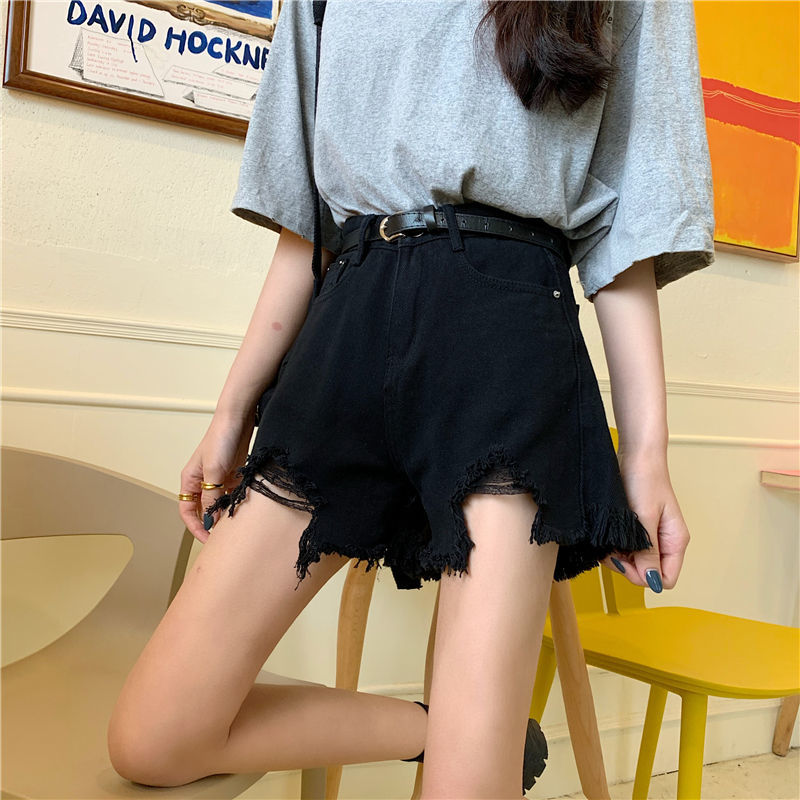 Quần Short Jeans Lưng Cao Ống Rộng Tua Rua