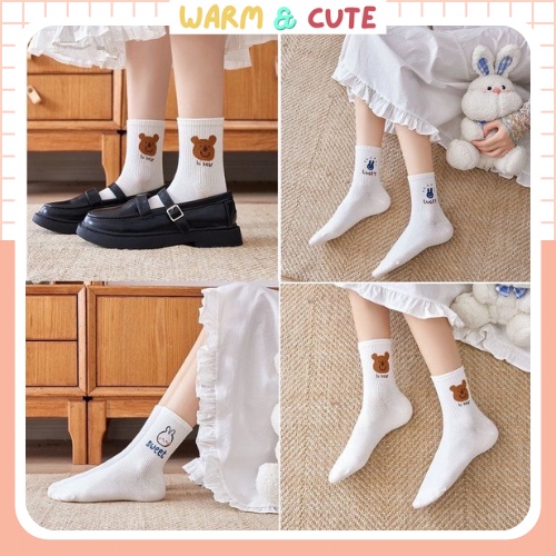 Tất vớ nữ cổ cao trắng họa tiết gấu xinh xắn style Hàn Quốc Warm&Cute AD25