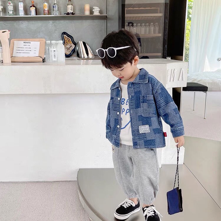 Áo khoác Denim họa tiết sọc caro phong cách Hàn quốc cho bé trai