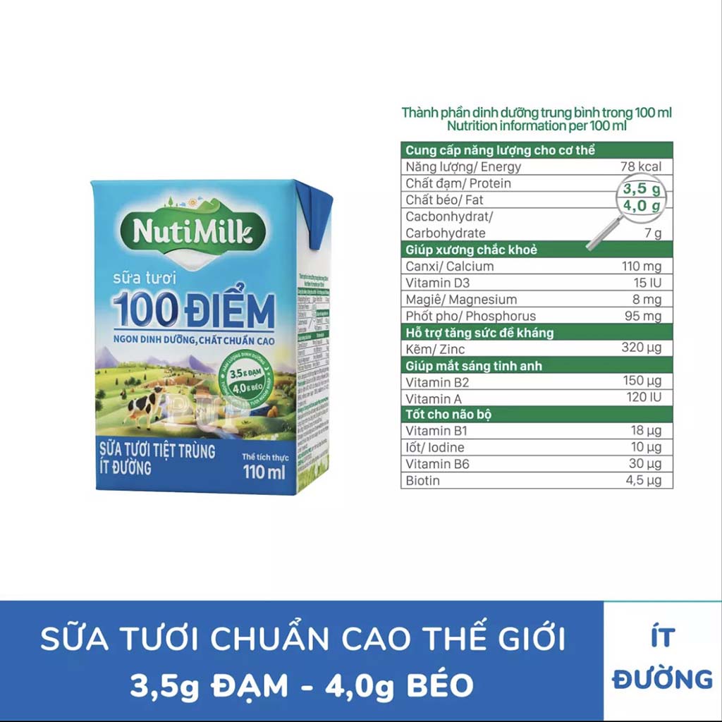 Lốc 4 Hộp Sữa Tươi Tiệt Trùng 100 Điểm Ít Đường Nutimilk 110ml