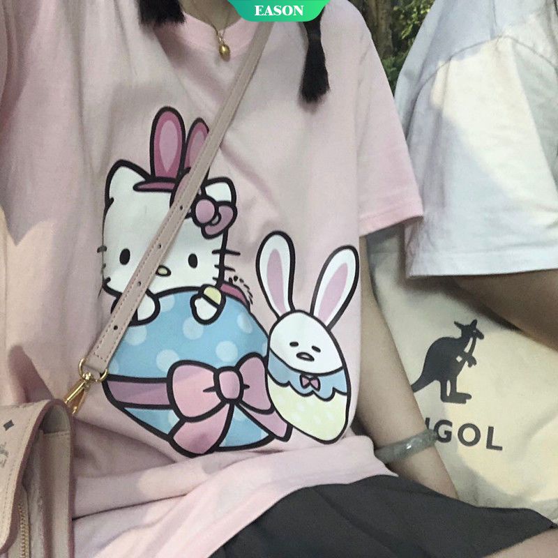 SANRIO Áo Thun Dáng Rộng In Hình Hello Kitty Đáng Yêu Phong Cách Nhật Bản