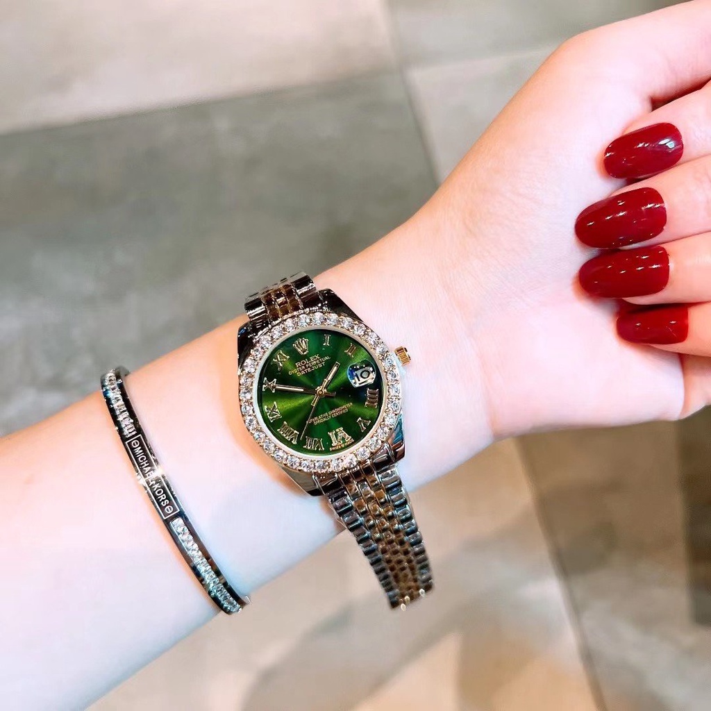 Đồng hồ nữ Rolex dây thép không gỉ , viền đá sang trọng , chữ số la mã thời thượng , đẳng cấp