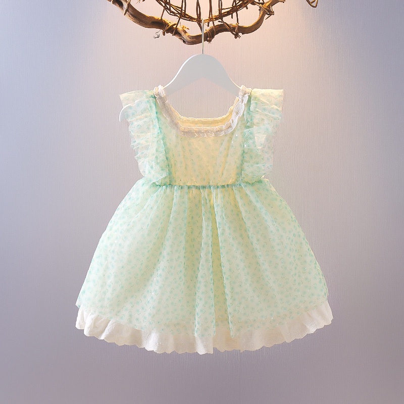 [Yumi's House] Đầm xòe hoa nhí xanh tay cánh tiên cho bé gái hàng Quảng Châu cao cấp