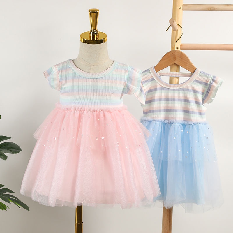 Đầm Công Chúa Kẻ Sọc Phối Ren Lưới Mùa Hè Hàn Quốc Mới Cho Bé Gái