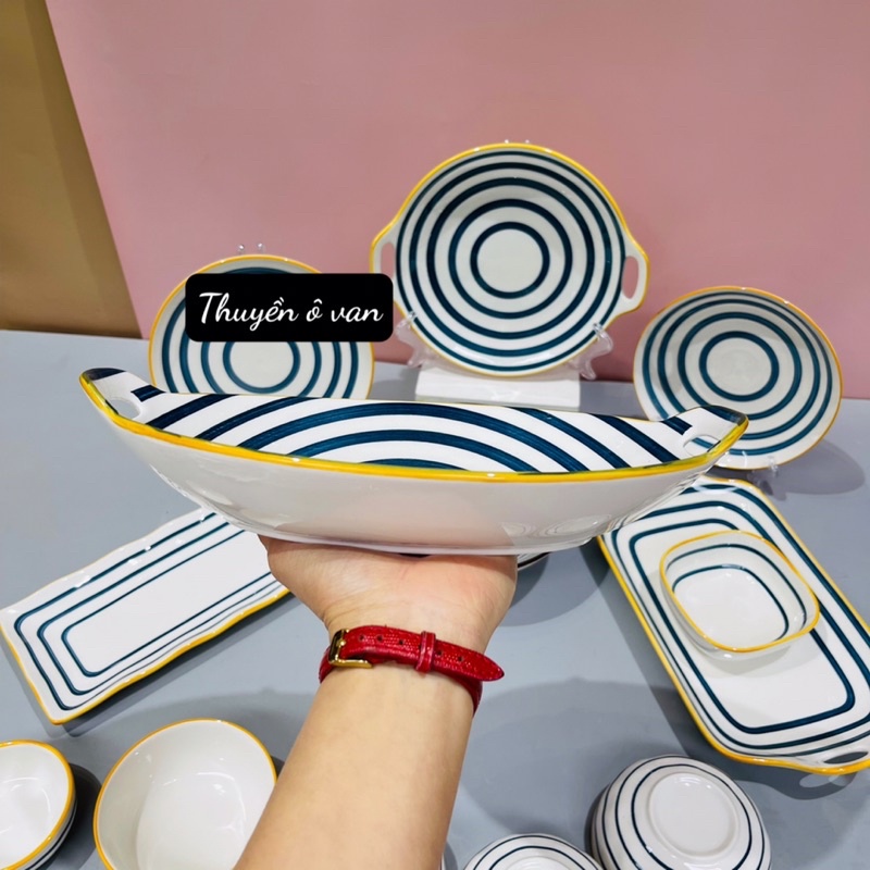 Bộ bát đĩa gốm sứ decor bộ Nhật kẻ siêu đẹp