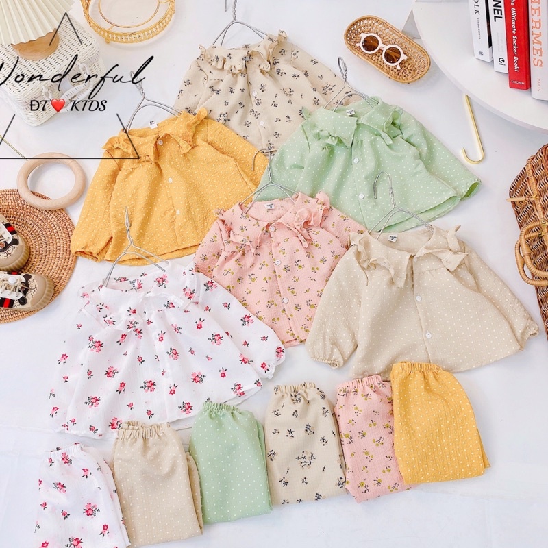 Đồ ngủ bánh bèo dài tay thu đông bé gái chất đũi mềm_Quần áo trẻ em thu đông