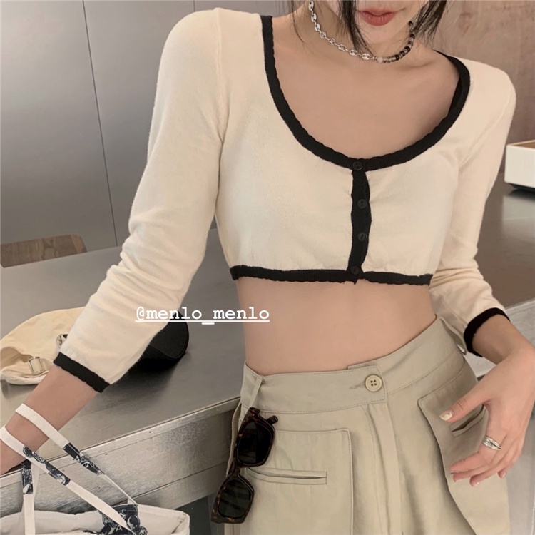 Ihkke Áo sweater cổ vuông dáng ôm màu tương phản dễ phối đồ