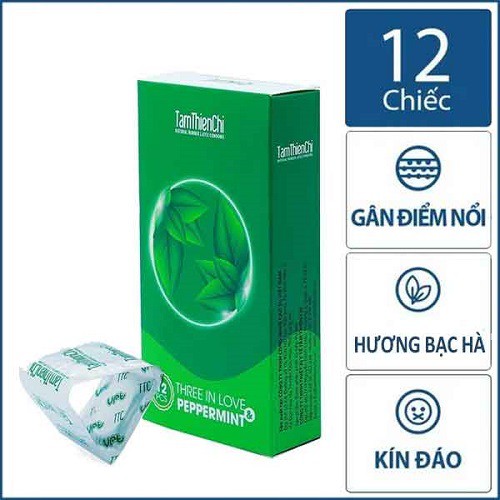 Bao cao su Tâm Thiện Chí hạt nổi, gân thắt, hương bạc hà hộp 12 cái và 3 gói gel bôi trơn KLY 5ml