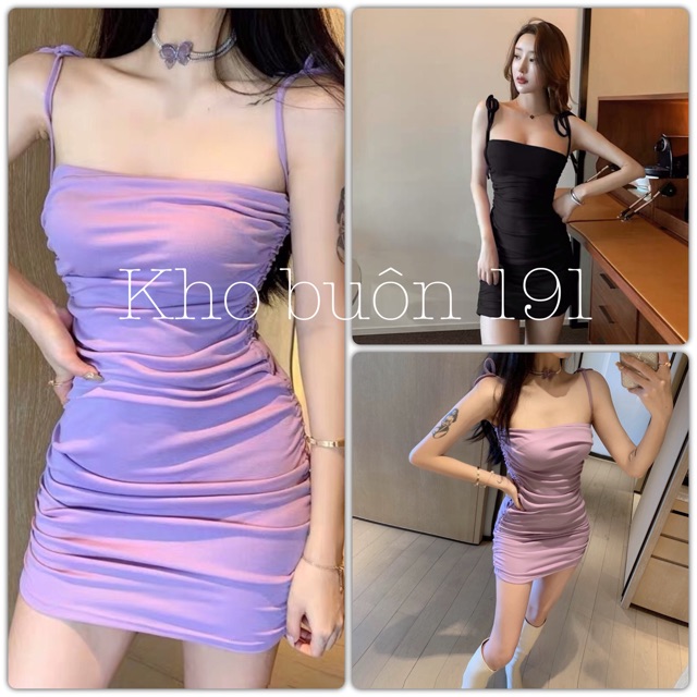 Đầm Body Nữ - Váy 2 Dây Nơ Vai Nhún Sườn - VD12