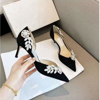 B giày cưới cao gót 7p khoét eo jimmy đính đá da mềm êm hàng xịn fullbox bill túi đệm cao cấp