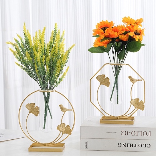 Lọ hoa nghệ thuật điểm xuyết lá và chim, trồng cây thủy sinh, mạ vàng sang trọng, decor phòng khách, phòng ngủ