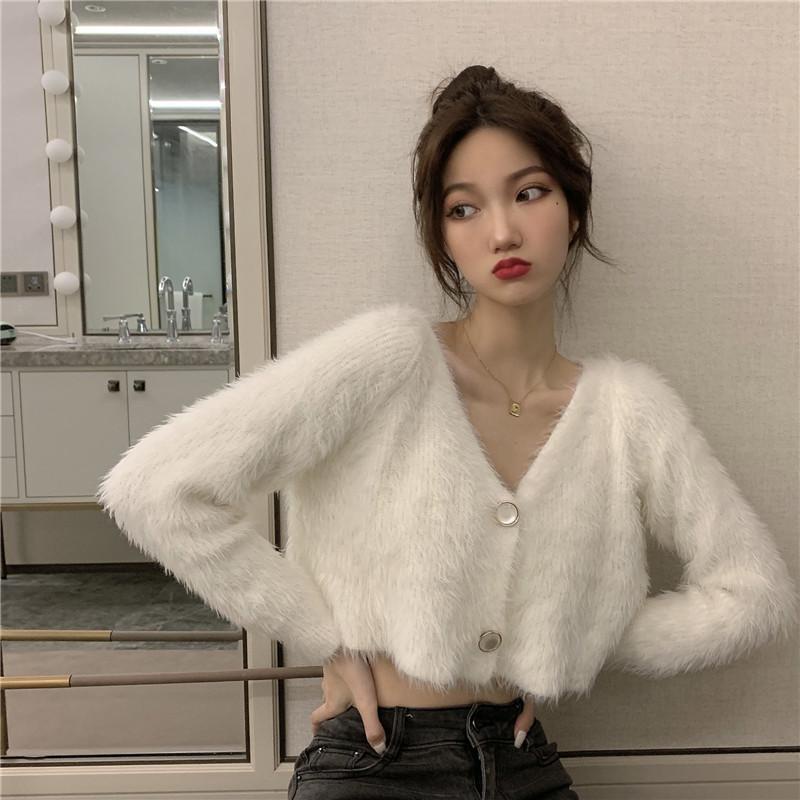 Áo khoác cardigan dệt kim dáng rộng phối lông mềm thời trang mùa đông cho nữ