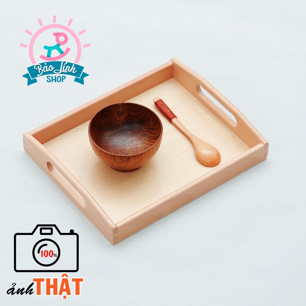 COMBO Khay gỗ Montessori Size nhỏ, thìa gỗ, 2 bát gỗ| Giáo cụ thực hành cuộc sống cho bé
