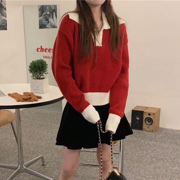 Áo len ZHELIHANGFEI tay dài kiểu dáng rộng màu đỏ theo phong cách đi học dễ phối đồ