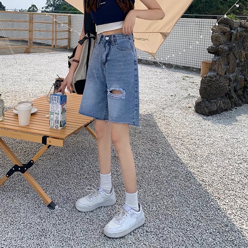 Quần Jean Lửng Nữ Ống Rộng Rách Đùi Ulzzang Lưng Cao Ống Tua Rua
