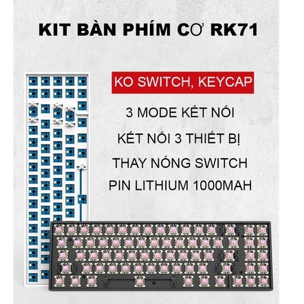 KIT RK7 Bàn phím cơ không dây mini Royal Kludge RK71 LED RGB 71 phím pin sạc 1000mAh, kết nối Bluetooth nhỏ gọn