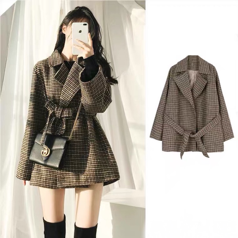 Áo dạ kẻ dáng dài kèm thắt đai vintage by