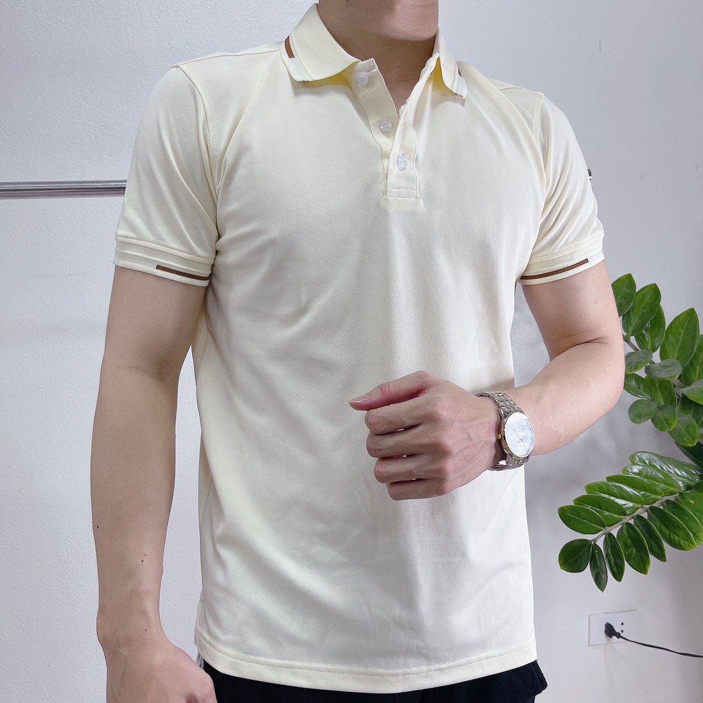 Áo polo nam cao cấp vải cotton dệt kim màu kem co dãn 4 chiều, Phối viền nâu sang trọng lịch lãm A03 - ZONADO | BigBuy360 - bigbuy360.vn