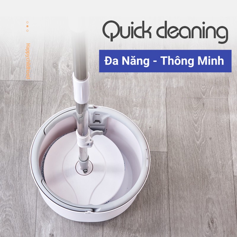 [Siêu HOT] Bộ Cây Lau Nhà Thông Minh Có Thùng Vắt Xoay Tròn Nhựa PP, Cán Inox Dài 134cm, 2 Miếng lau 25cm