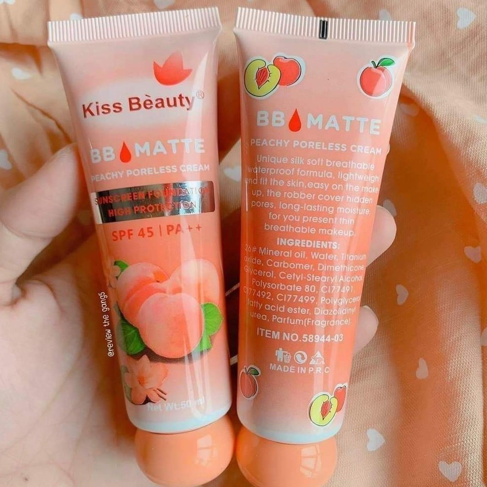 Kem lót nền BB Matte Kiss Beauty đào 50ml, Kem nền Kiss Beauty 2 in 1 che khuyết điểm và kiềm dầu - lót đào