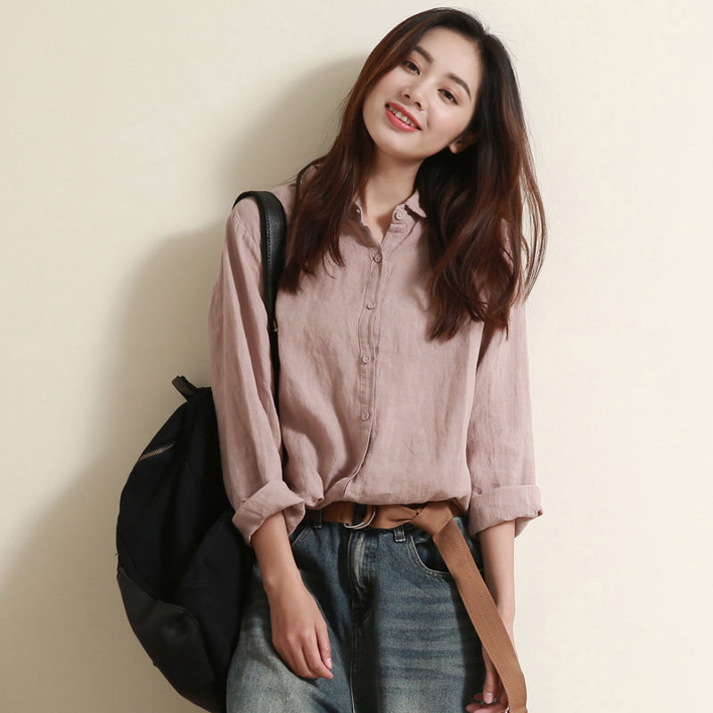 Áo Sơ Mi Vải Lanh Cotton Tay Dài Dáng Rộng Phong Cách Mới Cho Nữ