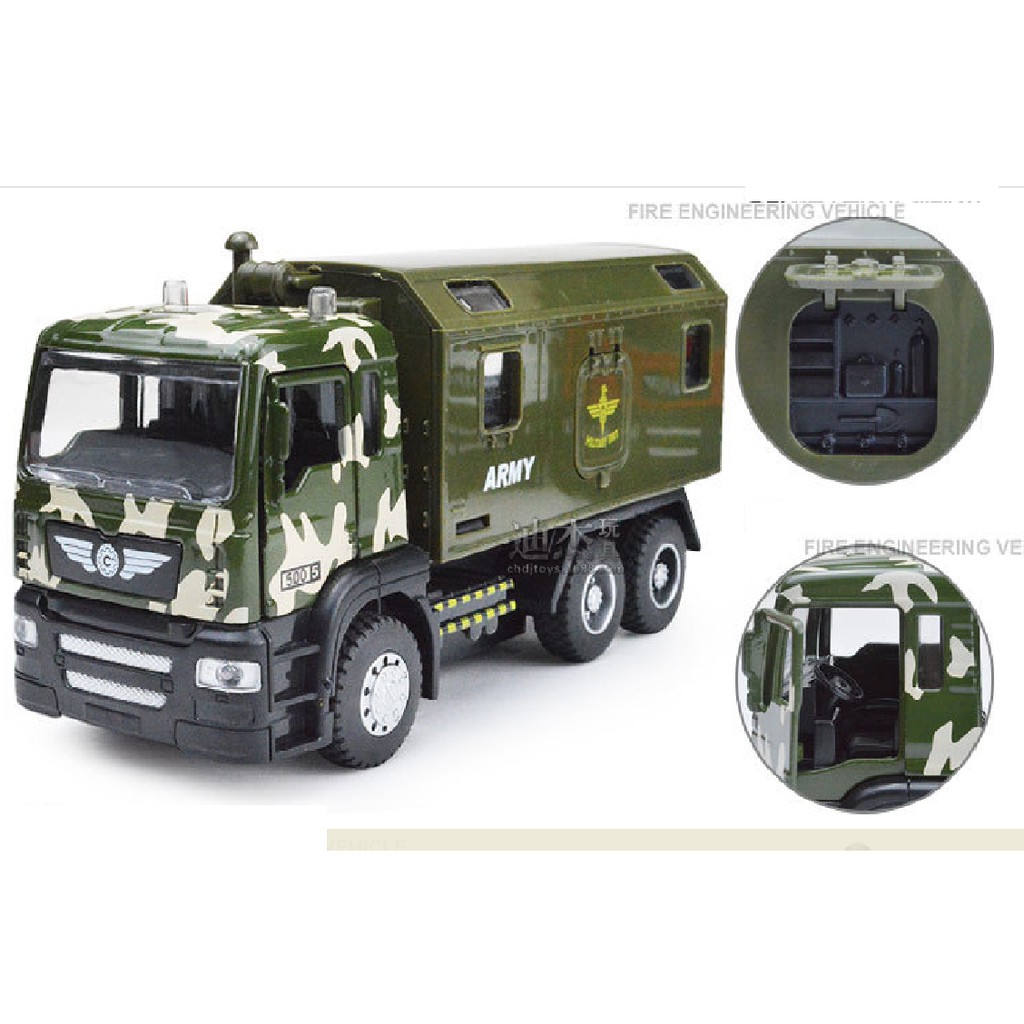 Xe Ô tô tải quân sự đồ chơi trẻ em có đèn và âm thanh xe mô hình tỉ lệ 1:50 cabin bằng sắt chạy cót