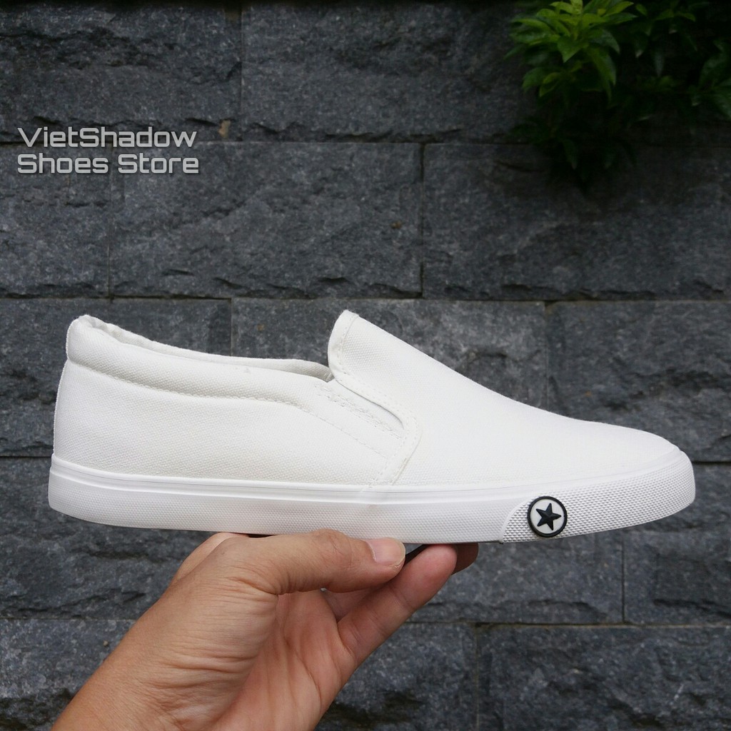 Slip on nam nữ | Giày lười vải "Little Star" - Vải thô màu trắng full và đen đế trắng - Mã SP: A511