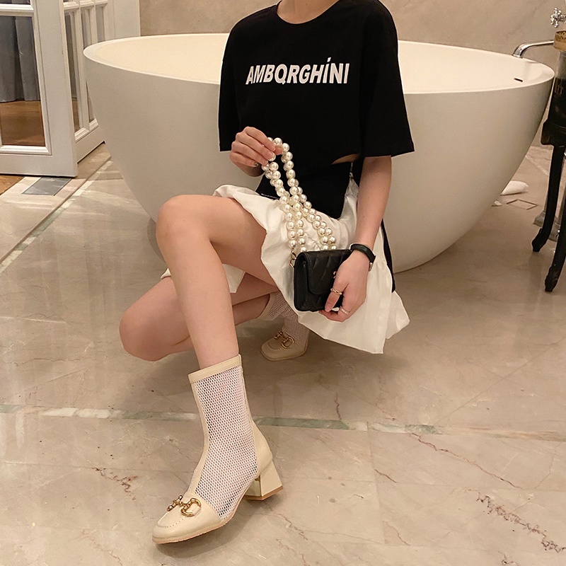 2021Summer Hot Hollow Mesh Black and White Dr. Martens Boots Chunky Heel Mid Heel Square Toe High Heel Ankle Boots Sandal Boots Mesh Boots Women