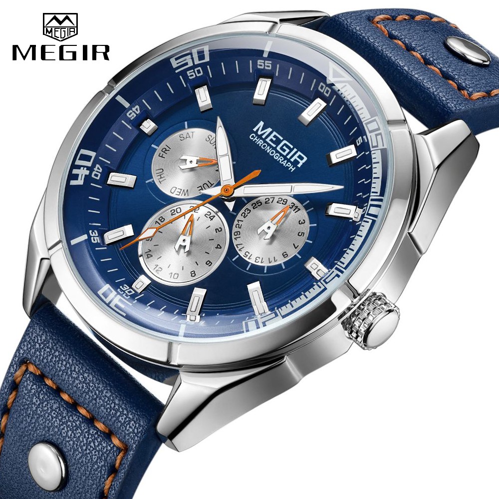 Đồng Hồ Đeo Tay Mặt Tròn Dây Da Xanh Chống Nước Dành Cho Nam MEGIR