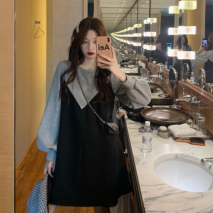 Đầm SUXI tay dài cổ tròn phong cách thu đông thời trang cho nữ