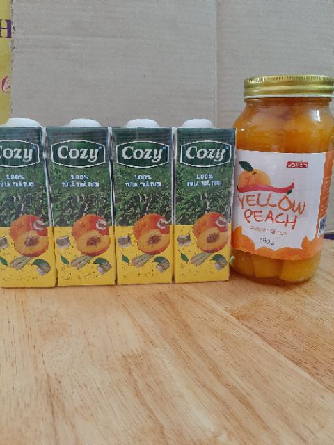 Combo Đào Ngâm 680g và 1 Lốc 4 Hộp Trà Đào Sả Cozy