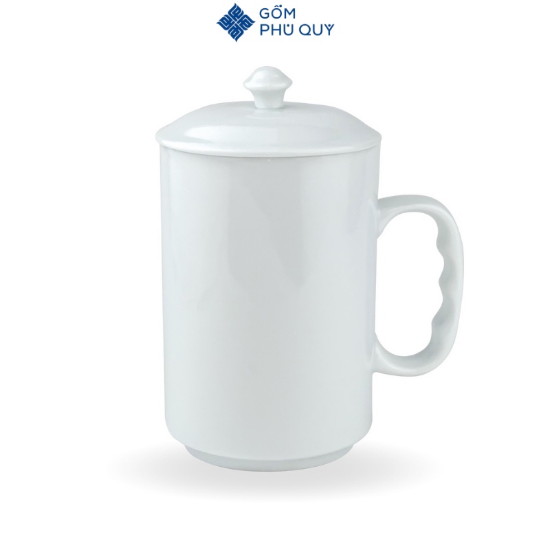 Cốc Sứ, Cốc Uống Nước, Gốm Sứ Bát Tràng Trụ Trắng 500ml Có Nắp Đậy