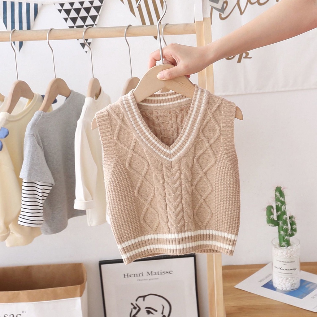 (MỚI) Áo sát nách dệt kim cổ chữ V phong cách Hàn Quốc cho bé